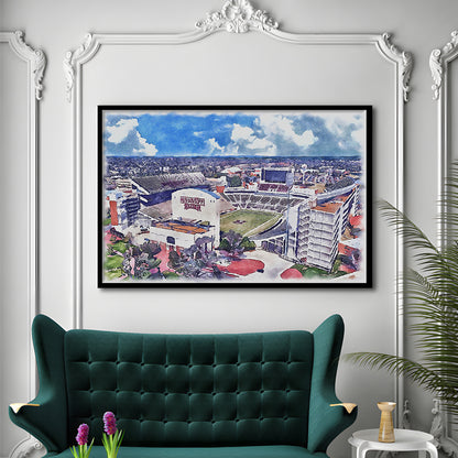 Davis Wade Stadium, Bulldogs Painting Stadium Watercolor, Sport Gift Art, Framed Art Print Wall Decor