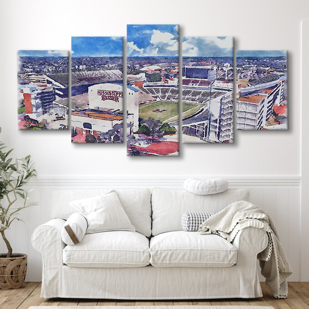 Davis Wade Stadium, Bulldogs Painting Stadium Watercolor, Sport Art, Mixed 5 Panel, Canvas Print Wall Art