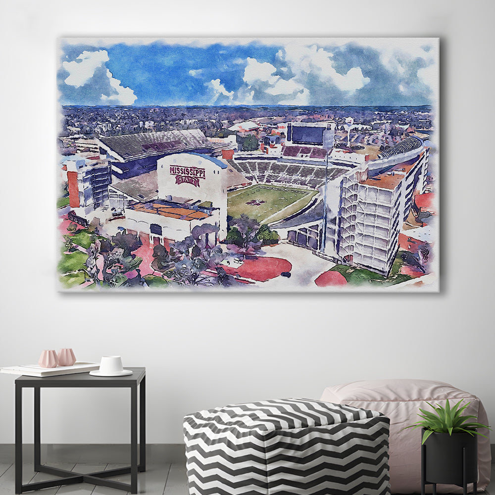 Davis Wade Stadium, Bulldogs Painting Stadium Watercolor, Sport Art, Gifts for him, Canvas Print Wall Art