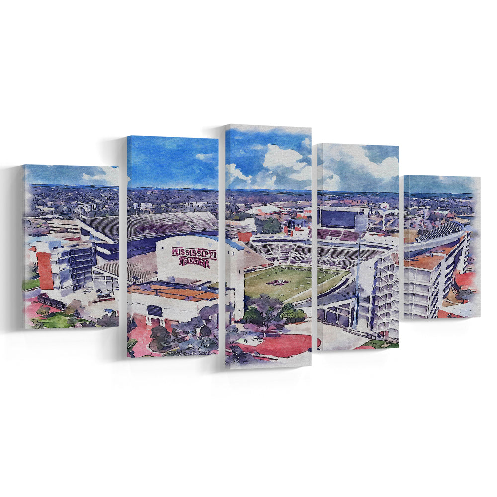Davis Wade Stadium, Bulldogs Painting Stadium Watercolor, Sport Art, Mixed 5 Panel, Canvas Print Wall Art