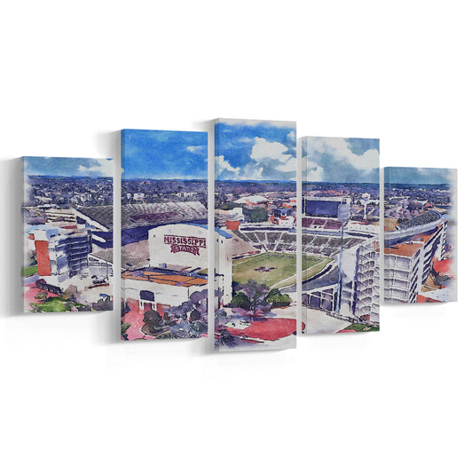 Davis Wade Stadium, Bulldogs Painting Stadium Watercolor, Sport Art, Mixed 5 Panel, Canvas Print Wall Art