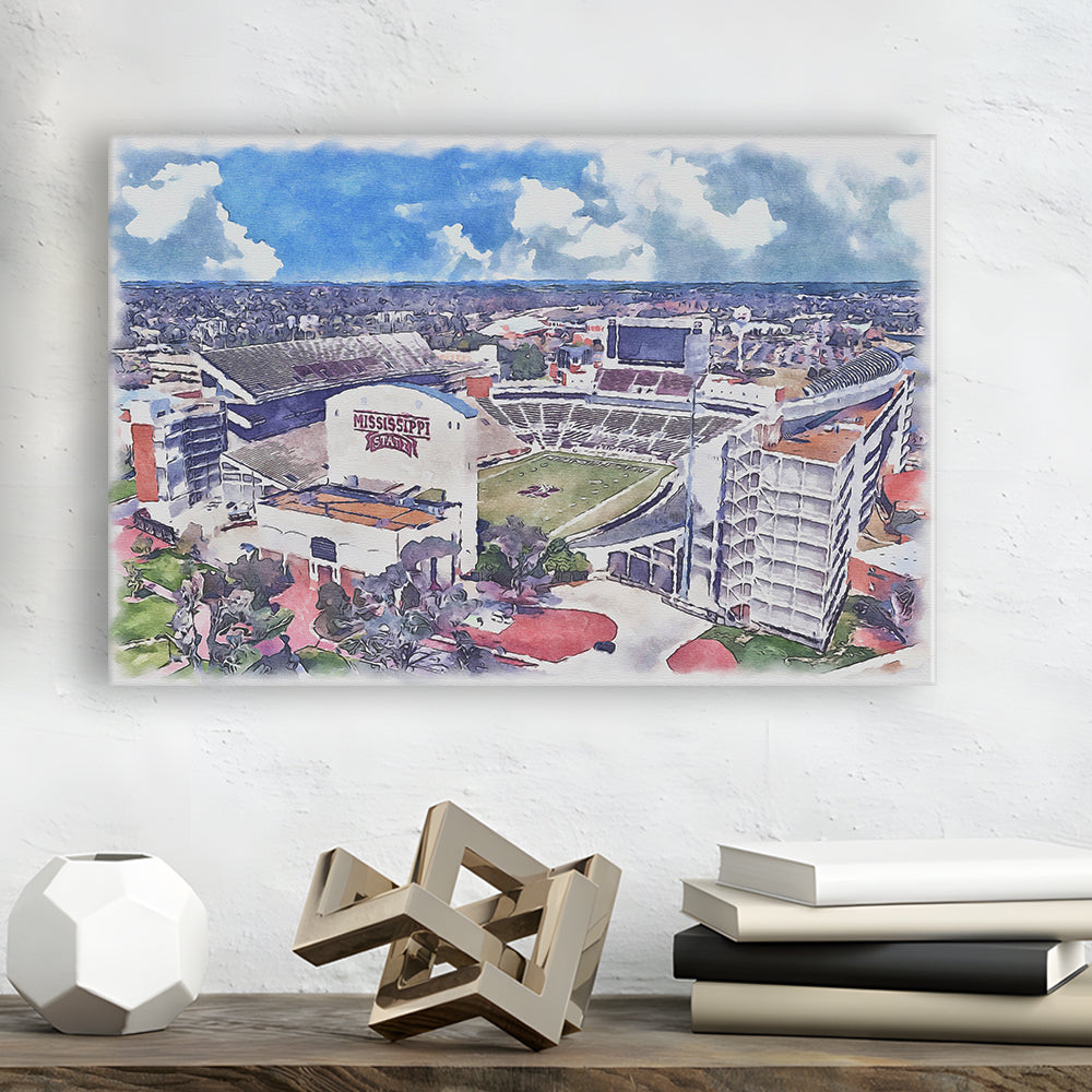 Davis Wade Stadium, Bulldogs Painting Stadium Watercolor, Sport Art, Gifts for him, Canvas Print Wall Art