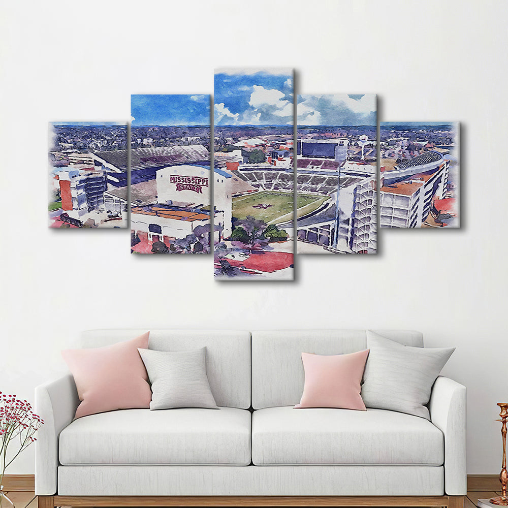 Davis Wade Stadium, Bulldogs Painting Stadium Watercolor, Sport Art, Mixed 5 Panel, Canvas Print Wall Art