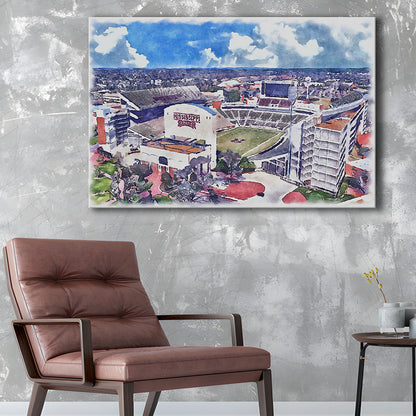 Davis Wade Stadium, Bulldogs Painting Stadium Watercolor, Sport Art, Gifts for him, Canvas Print Wall Art