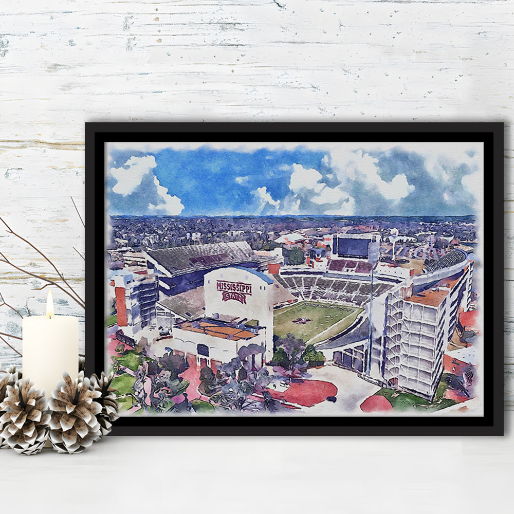 Davis Wade Stadium, Bulldogs Painting Stadium Watercolor, Sport Gift Art, Framed Canvas Print Wall Art