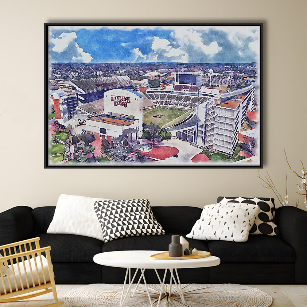 Davis Wade Stadium, Bulldogs Painting Stadium Watercolor, Sport Gift Art, Framed Canvas Print Wall Art