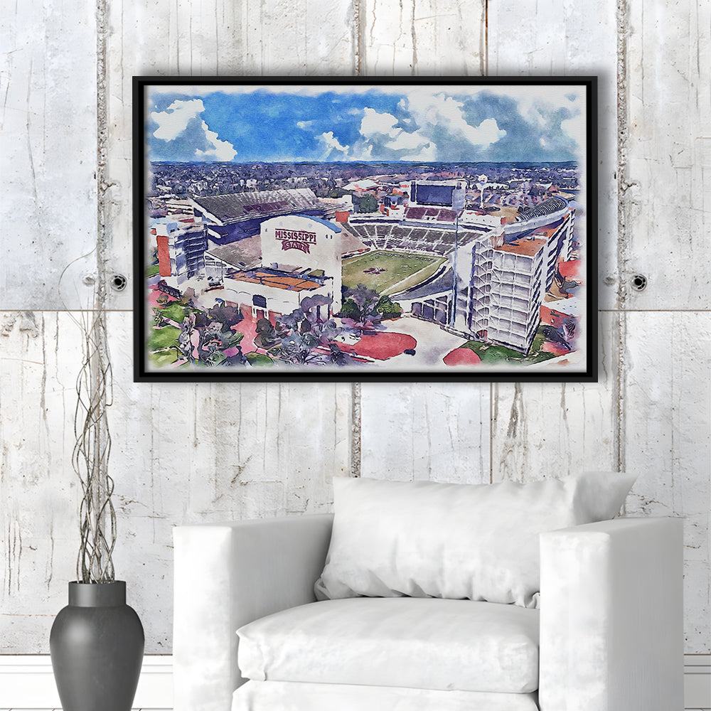 Davis Wade Stadium, Bulldogs Painting Stadium Watercolor, Sport Gift Art, Framed Canvas Print Wall Art