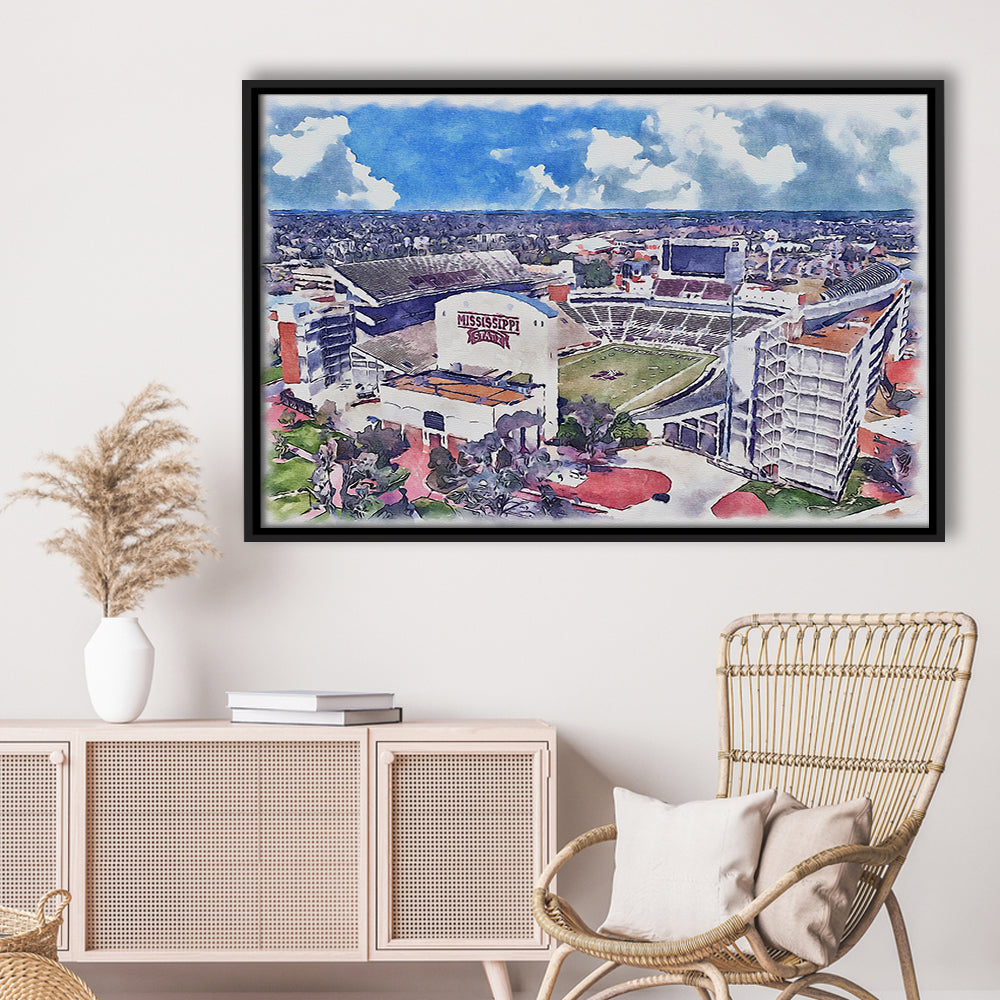 Davis Wade Stadium, Bulldogs Painting Stadium Watercolor, Sport Gift Art, Framed Canvas Print Wall Art