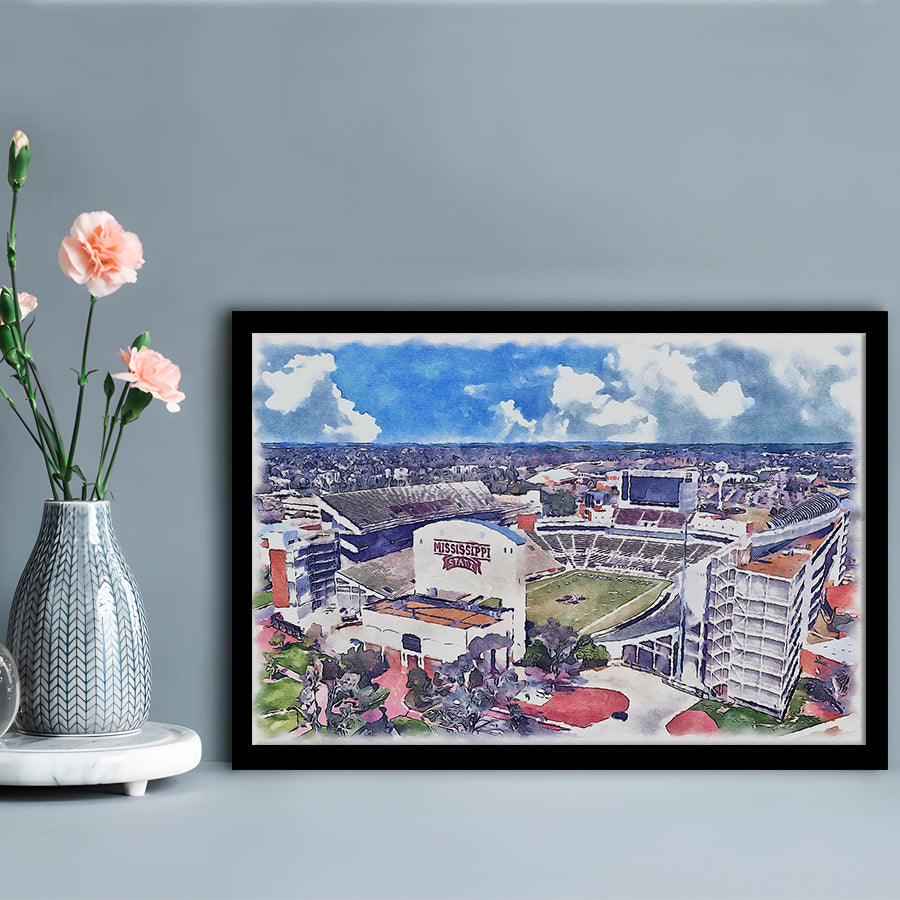 Davis Wade Stadium, Bulldogs Painting Stadium Watercolor, Sport Gift Art, Framed Art Print Wall Decor
