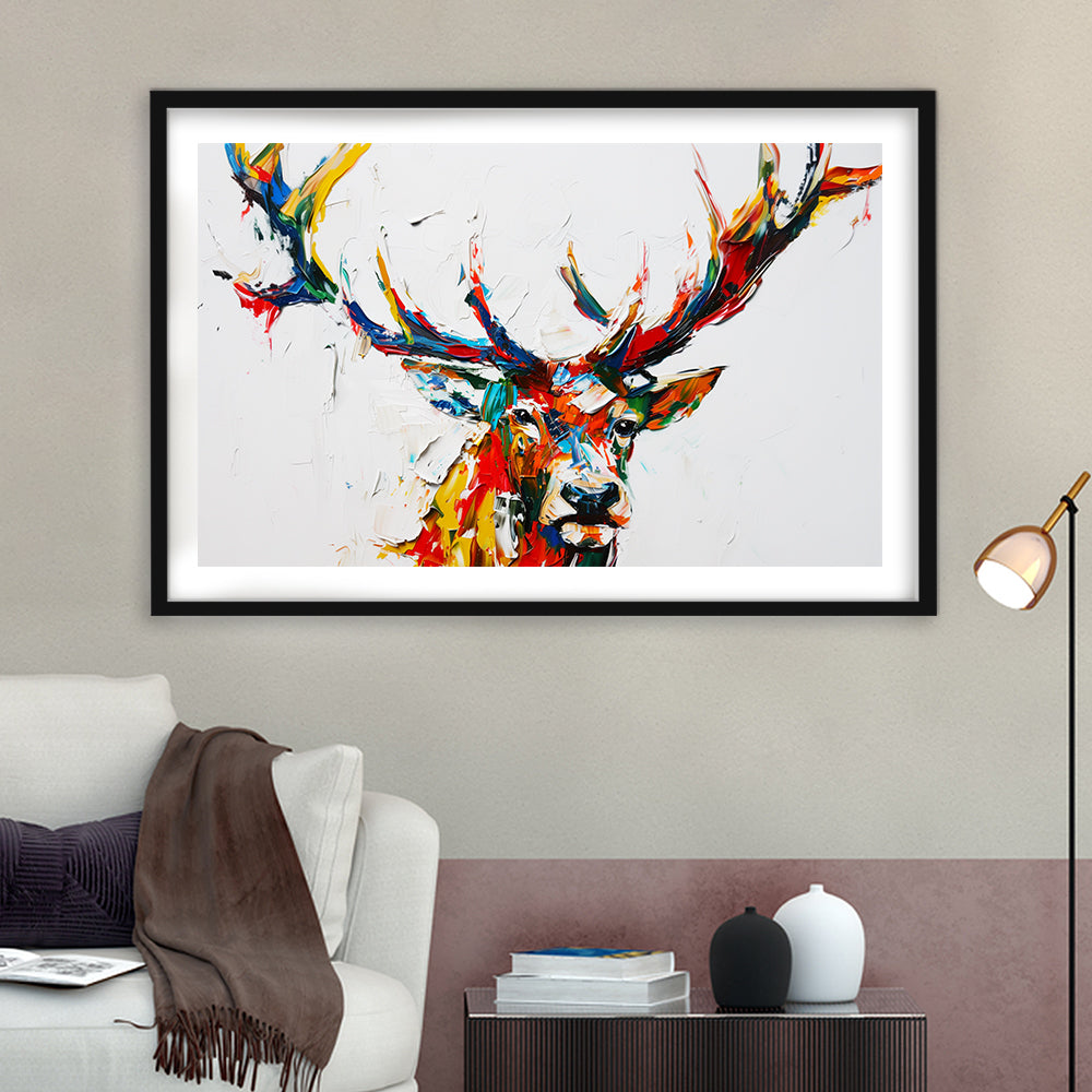 Deer Head Mixed Color Painting, Framed  Print, Painting Art, Framed Art Print White Border Wall Decor