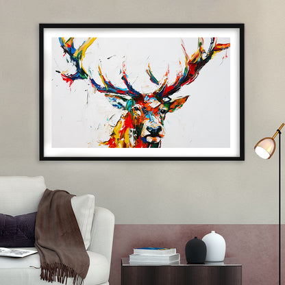 Deer Head Mixed Color Painting, Framed  Print, Painting Art, Framed Art Print White Border Wall Decor