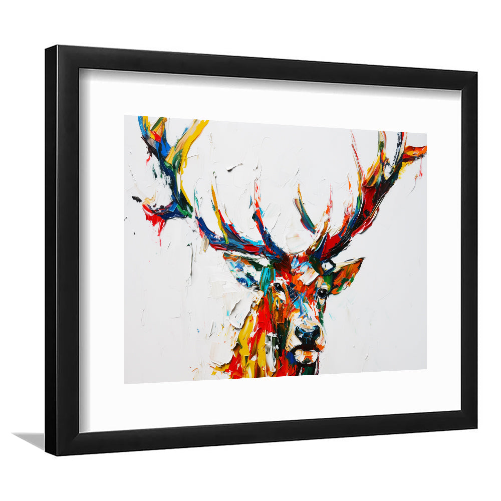 Deer Head Mixed Color Painting, Framed  Print, Painting Art, Framed Art Print White Border Wall Decor