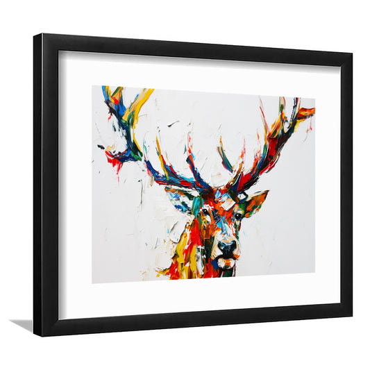 Deer Head Mixed Color Painting, Framed  Print, Painting Art, Framed Art Print White Border Wall Decor