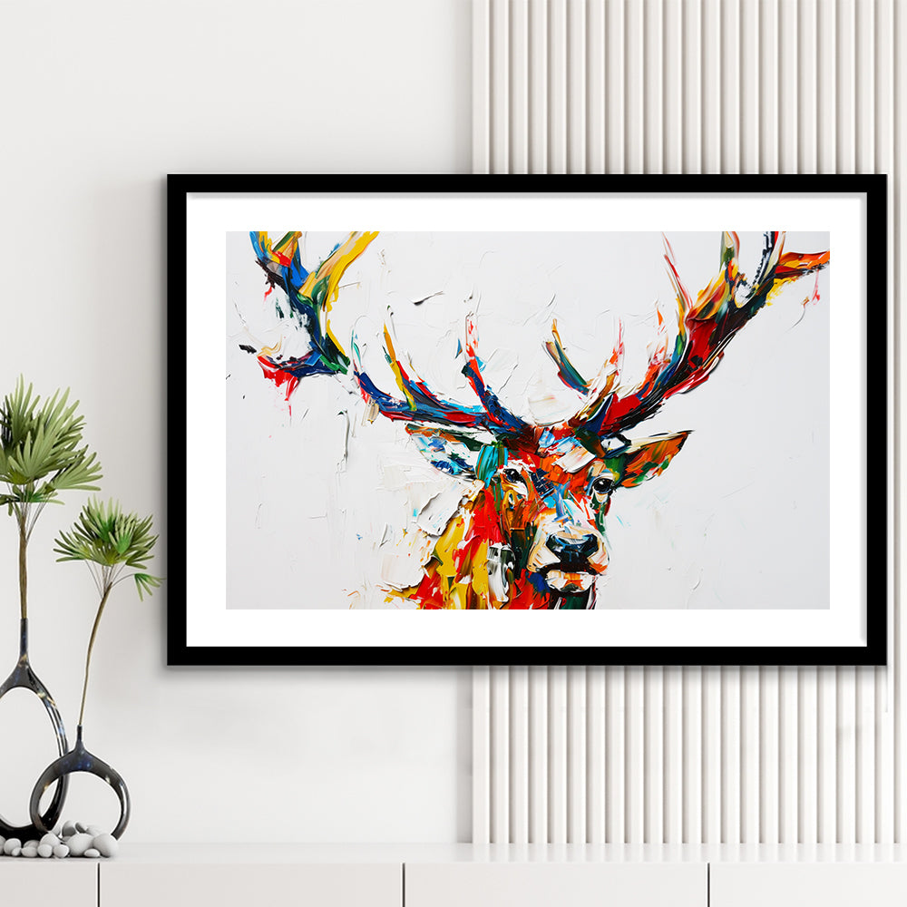 Deer Head Mixed Color Painting, Framed  Print, Painting Art, Framed Art Print White Border Wall Decor