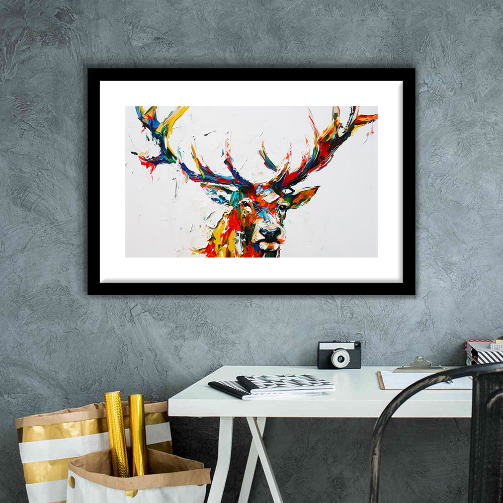 Deer Head Mixed Color Painting, Framed  Print, Painting Art, Framed Art Print White Border Wall Decor