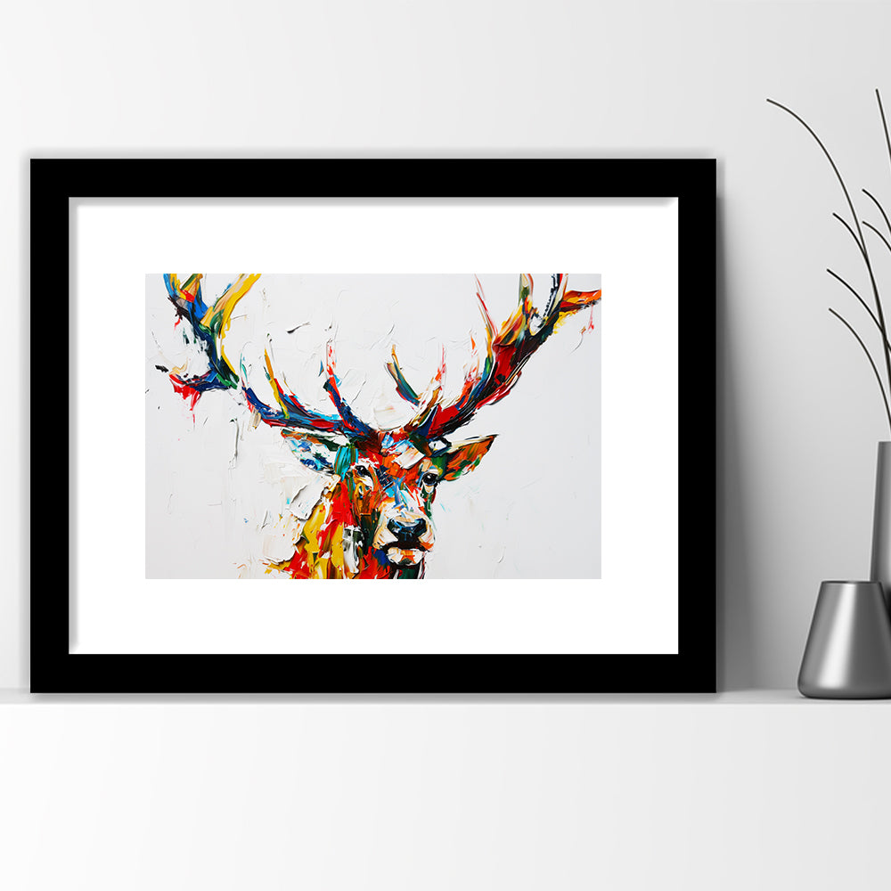 Deer Head Mixed Color Painting, Framed  Print, Painting Art, Framed Art Print White Border Wall Decor