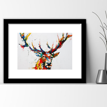 Deer Head Mixed Color Painting, Framed  Print, Painting Art, Framed Art Print White Border Wall Decor