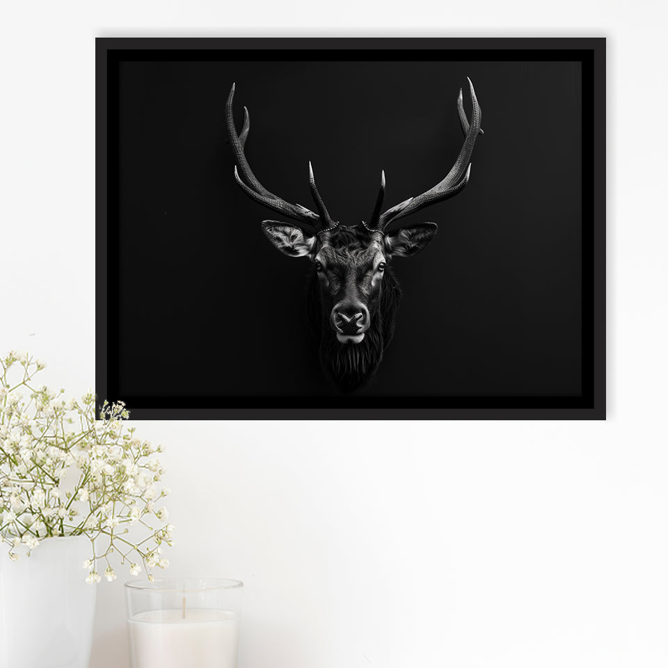 Deer Stag Head Art Black And White V1, Framed Canvas Painting, Framed Canvas Prints Wall Art Decor