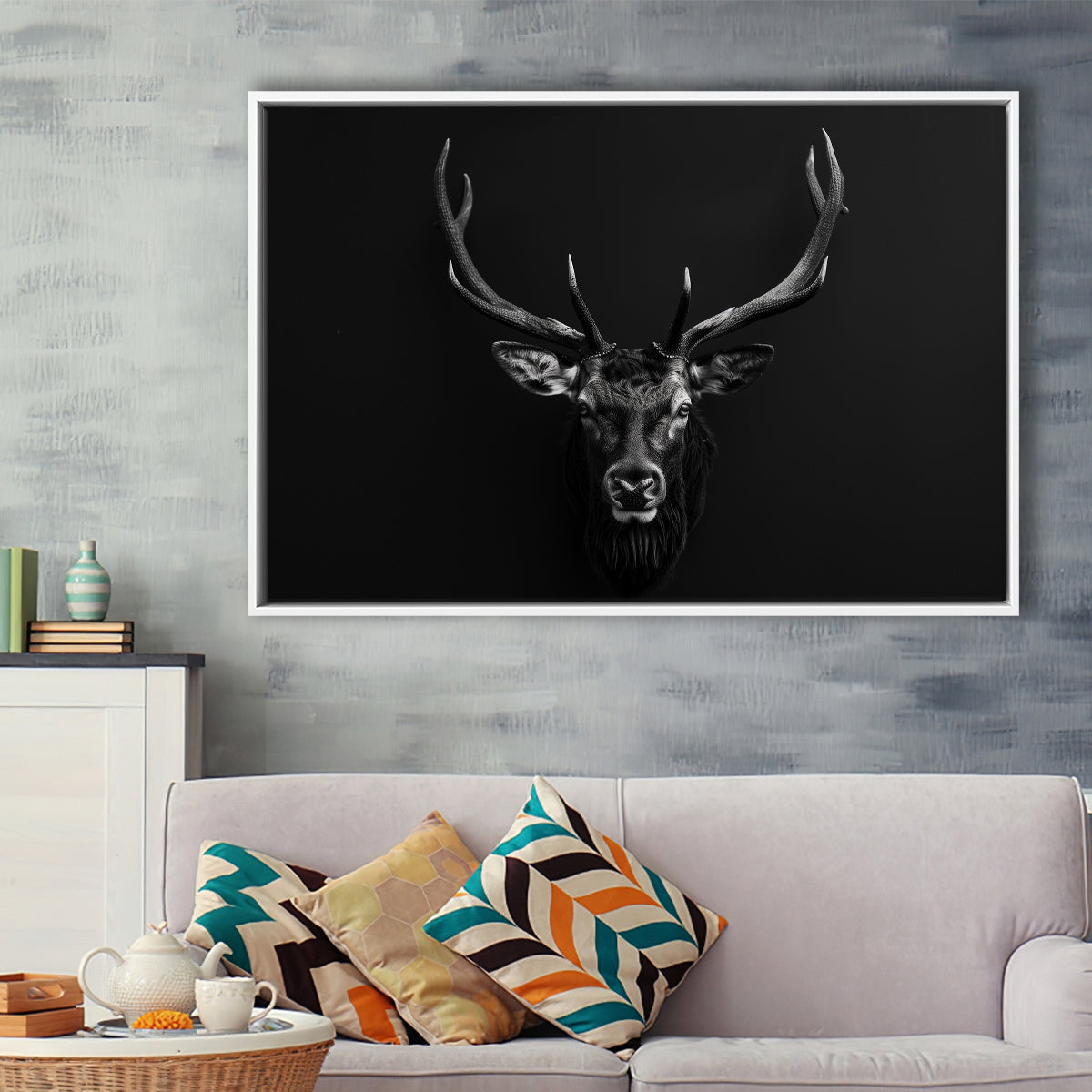 Deer Stag Head Art Black And White V1, Framed Canvas Painting, Framed Canvas Prints Wall Art Decor