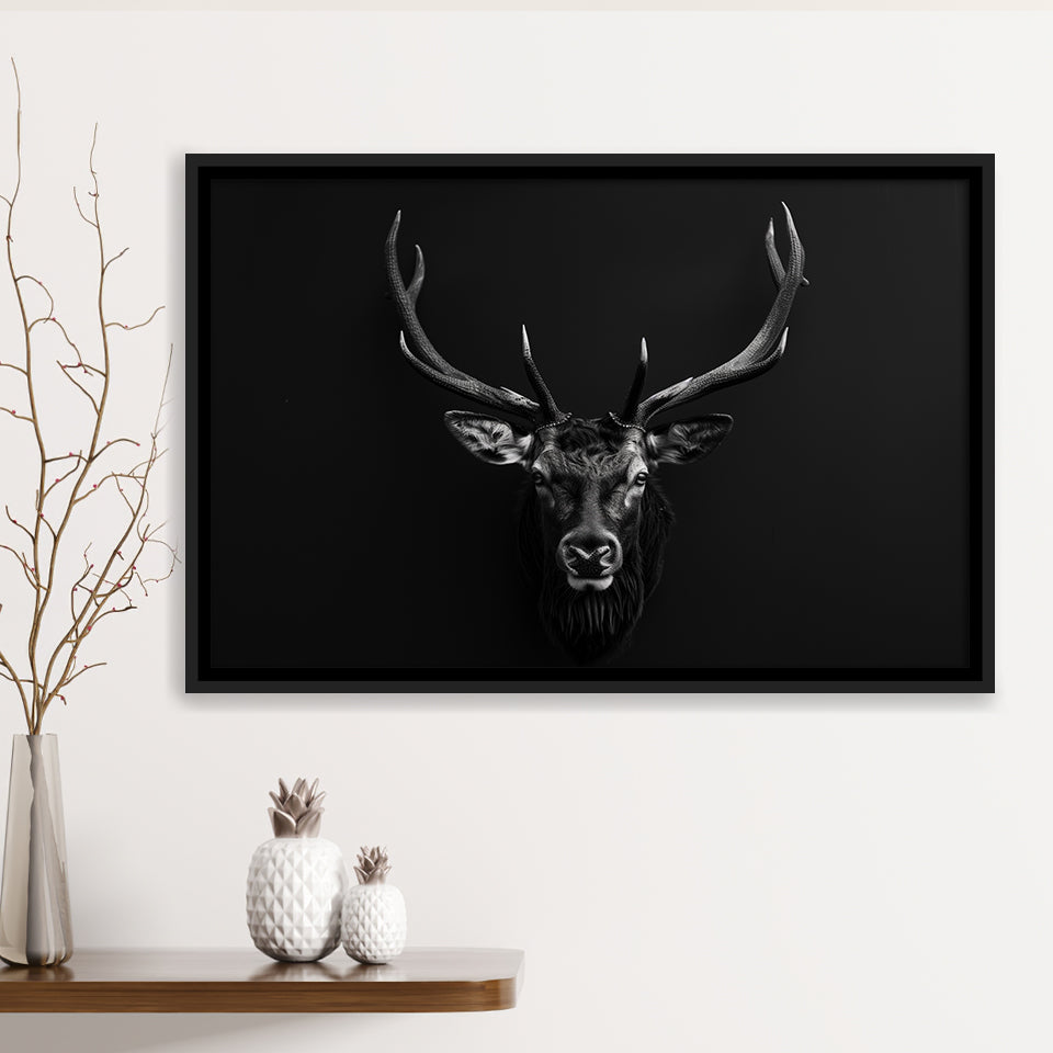 Deer Stag Head Art Black And White V1, Framed Canvas Painting, Framed Canvas Prints Wall Art Decor