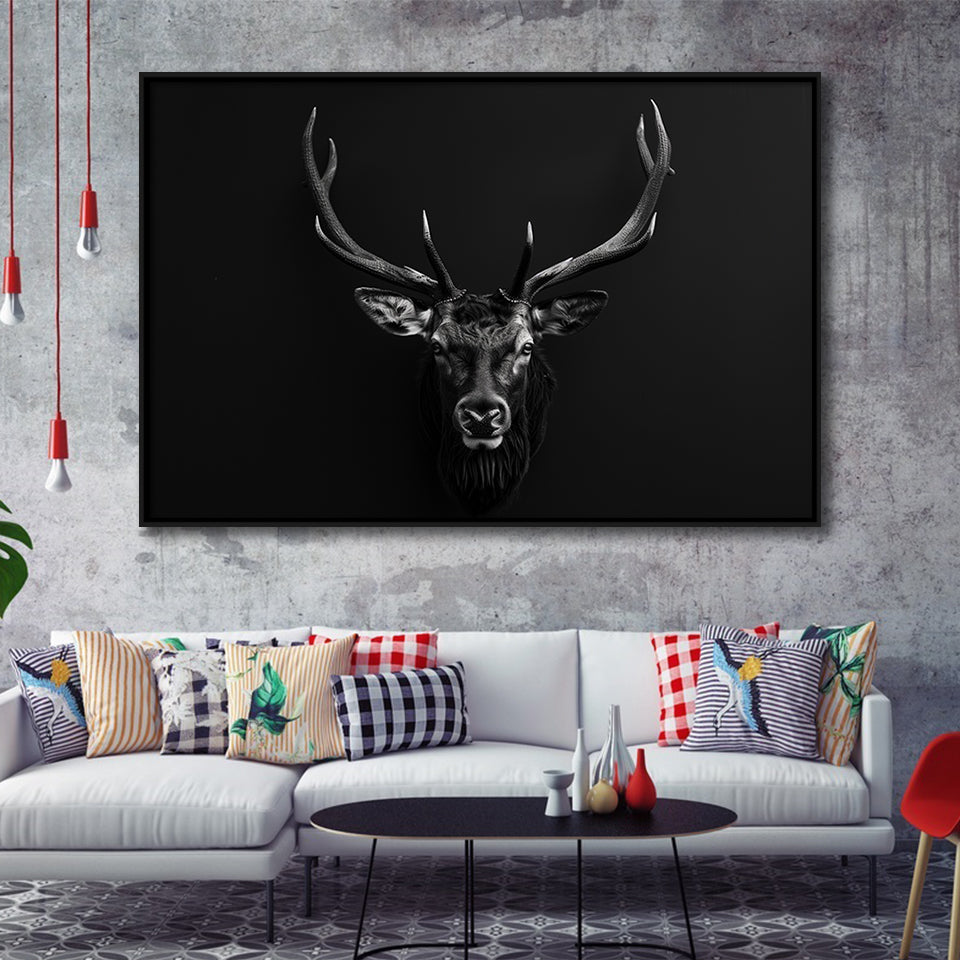 Deer Stag Head Art Black And White V1, Framed Canvas Painting, Framed Canvas Prints Wall Art Decor