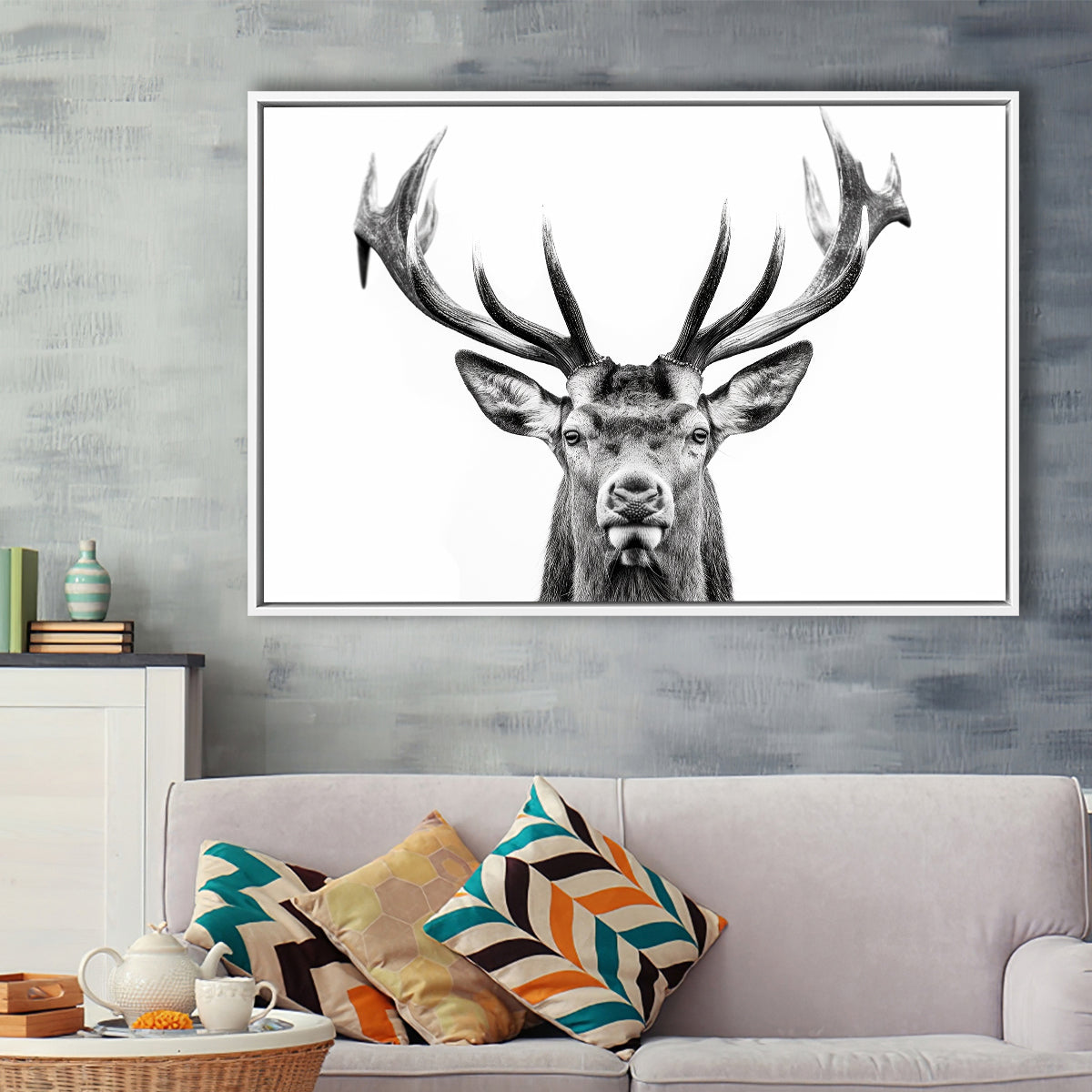 Deer Stag Head Black And White V2, Framed Canvas Painting, Framed Canvas Prints Wall Art Decor