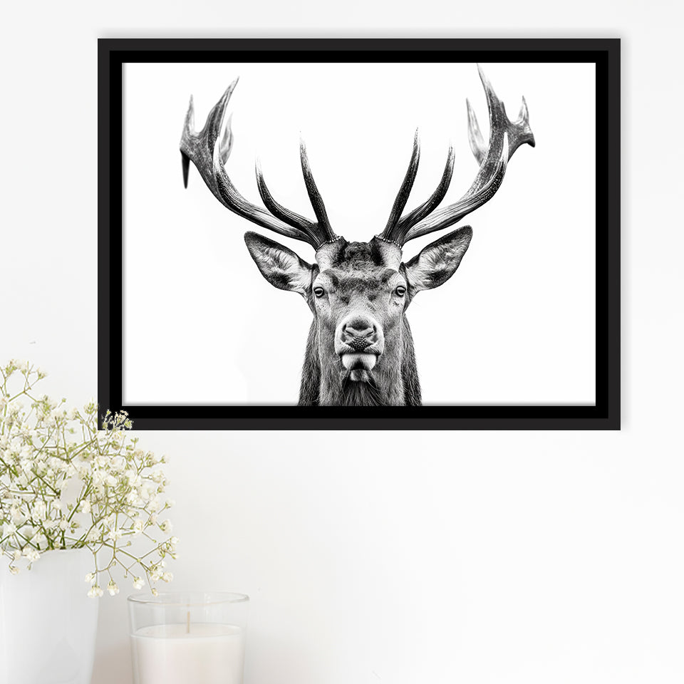 Deer Stag Head Black And White V2, Framed Canvas Painting, Framed Canvas Prints Wall Art Decor