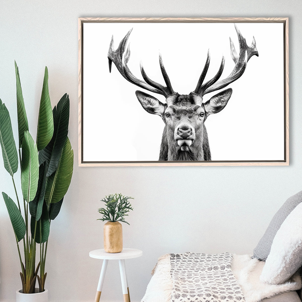 Deer Stag Head Black And White V2, Framed Canvas Painting, Framed Canvas Prints Wall Art Decor