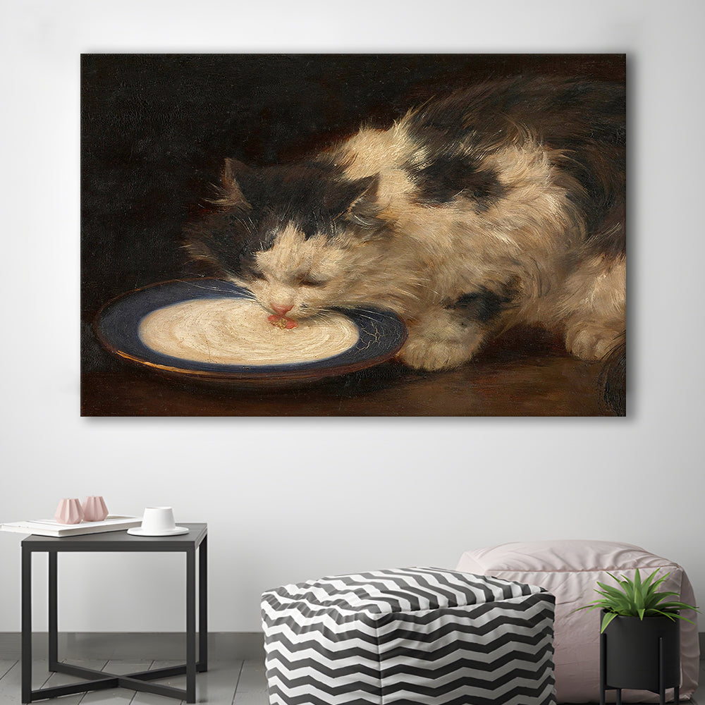 Delicious Milk Vintage Art Print Cute Cat Vintage Painting Antique Art, Canvas Print Wall Art, Wall Decor, Painting Canvas