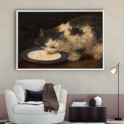Delicious Milk Vintage Art Print Cute Cat Vintage Painting Antique Art, Framed Canvas Print Wall Art, Floating Frame