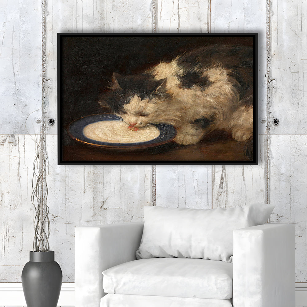 Delicious Milk Vintage Art Print Cute Cat Vintage Painting Antique Art, Framed Canvas Print Wall Art, Floating Frame