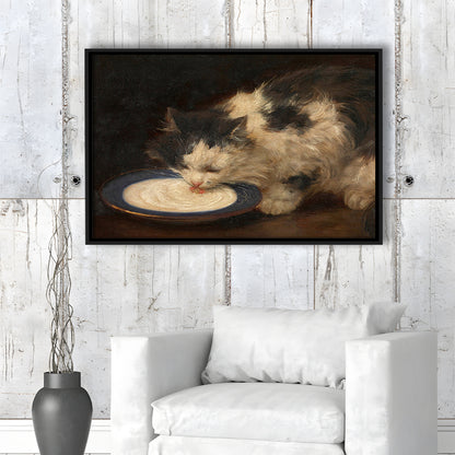 Delicious Milk Vintage Art Print Cute Cat Vintage Painting Antique Art, Framed Canvas Print Wall Art, Floating Frame