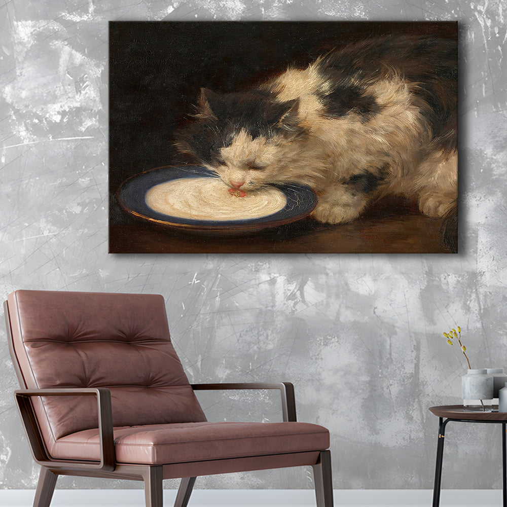 Delicious Milk Vintage Art Print Cute Cat Vintage Painting Antique Art, Canvas Print Wall Art, Wall Decor, Painting Canvas
