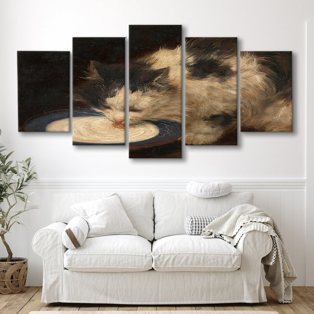 Delicious Milk Vintage Art Print Cute Cat Vintage Painting Antique Art, 5 Panel Mixed Canvas Print Wall Art, Large Canvas