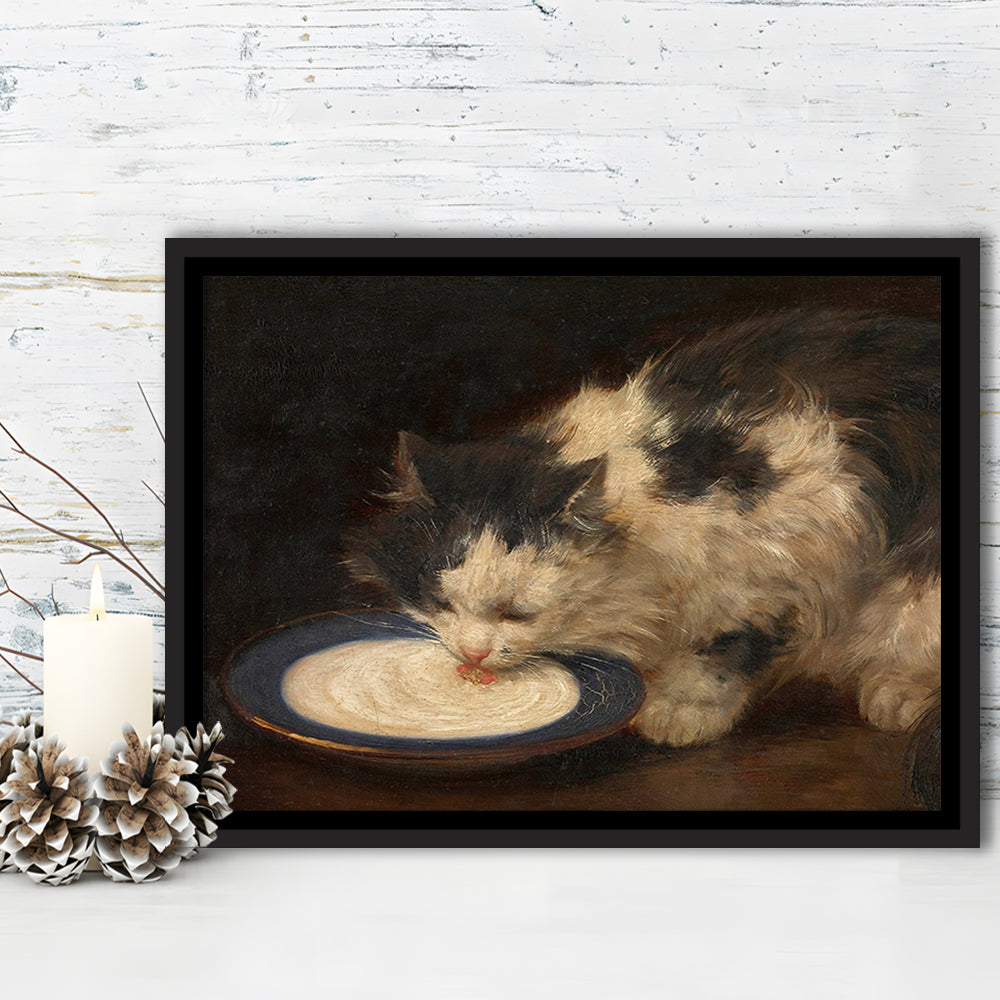 Delicious Milk Vintage Art Print Cute Cat Vintage Painting Antique Art, Framed Canvas Print Wall Art, Floating Frame