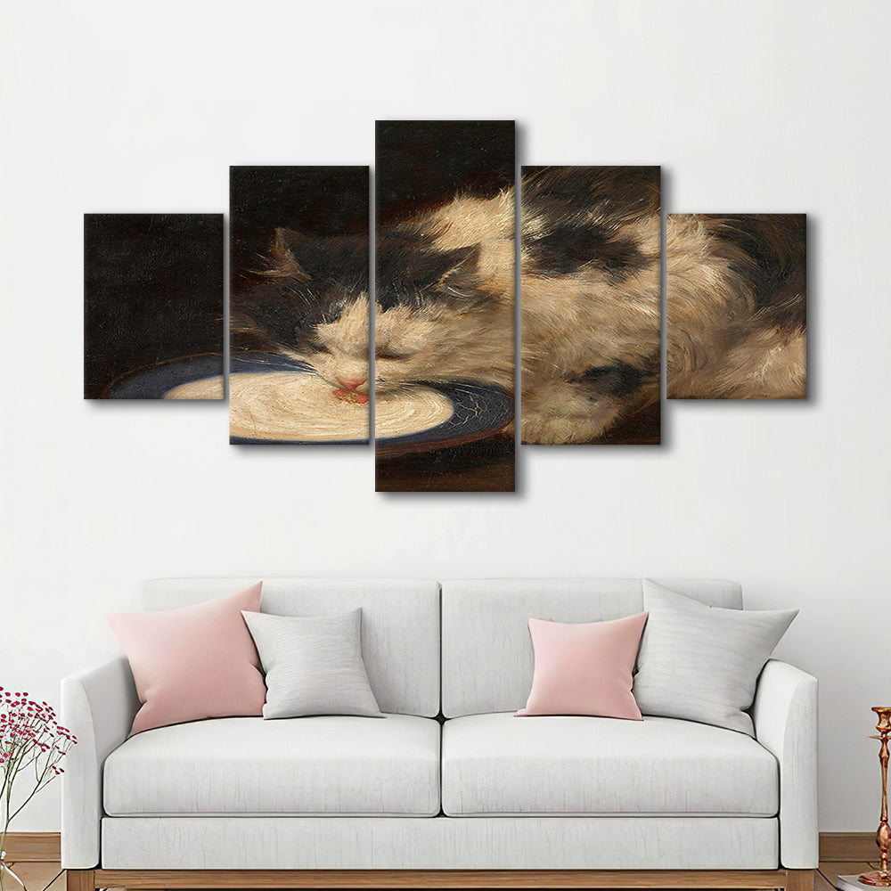 Delicious Milk Vintage Art Print Cute Cat Vintage Painting Antique Art, 5 Panel Mixed Canvas Print Wall Art, Large Canvas