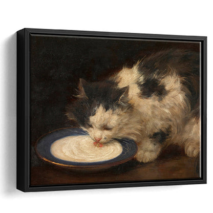 Delicious Milk Vintage Art Print Cute Cat Vintage Painting Antique Art, Framed Canvas Print Wall Art, Floating Frame