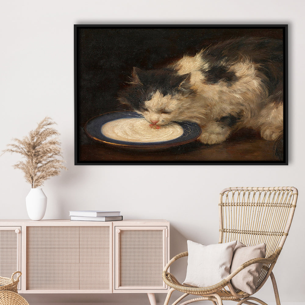 Delicious Milk Vintage Art Print Cute Cat Vintage Painting Antique Art, Framed Canvas Print Wall Art, Floating Frame