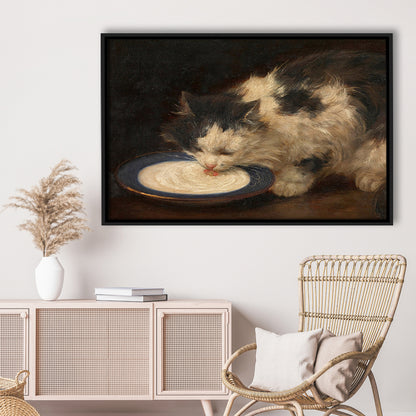 Delicious Milk Vintage Art Print Cute Cat Vintage Painting Antique Art, Framed Canvas Print Wall Art, Floating Frame