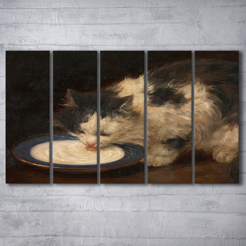Delicious Milk Vintage Art Print Cute Cat Vintage Painting Antique Art, 5 Panel B Canvas Print Wall Art, Extra Large Canvas