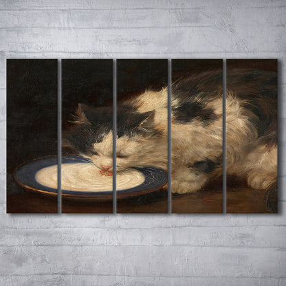 Delicious Milk Vintage Art Print Cute Cat Vintage Painting Antique Art, 5 Panel B Canvas Print Wall Art, Extra Large Canvas