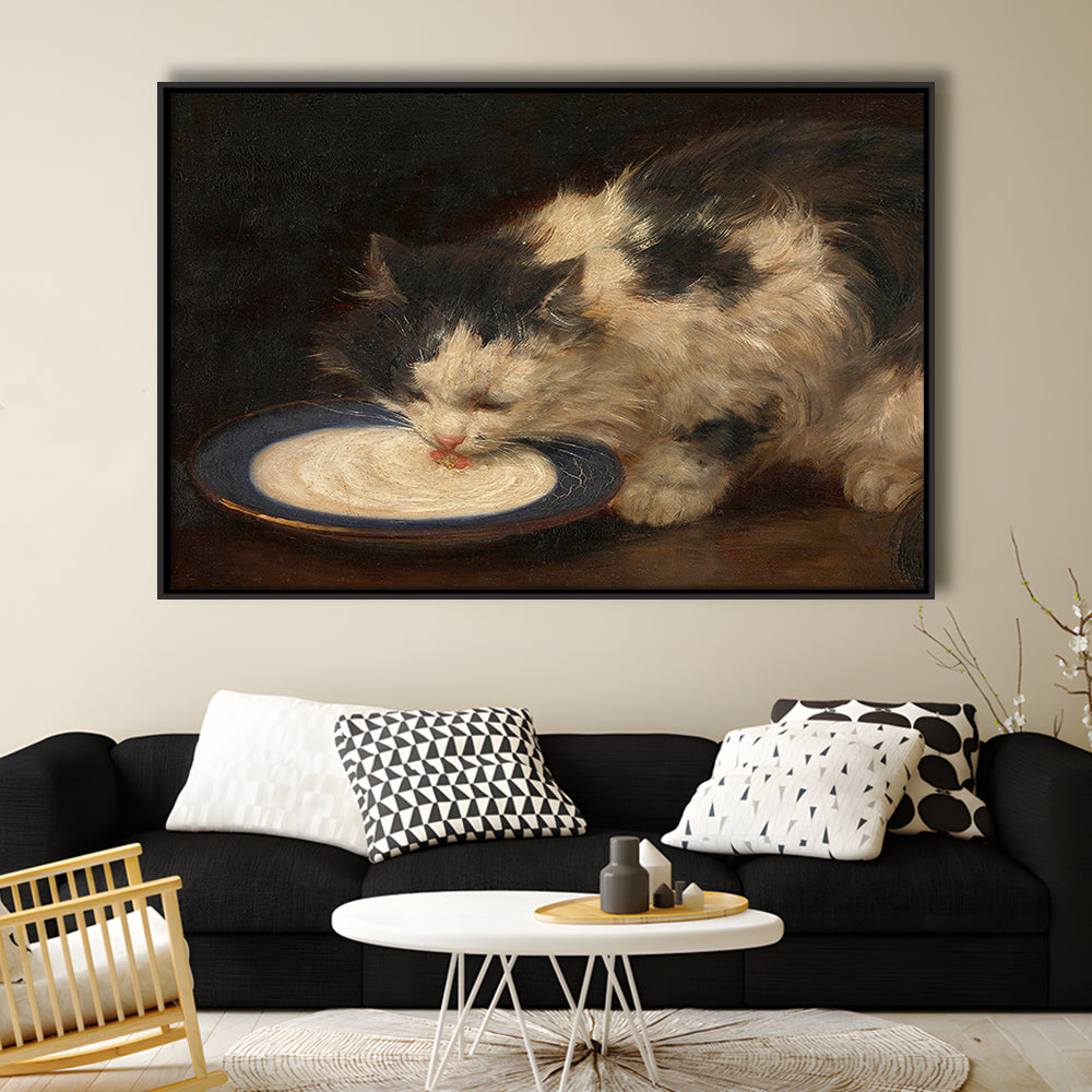 Delicious Milk Vintage Art Print Cute Cat Vintage Painting Antique Art, Framed Canvas Print Wall Art, Floating Frame