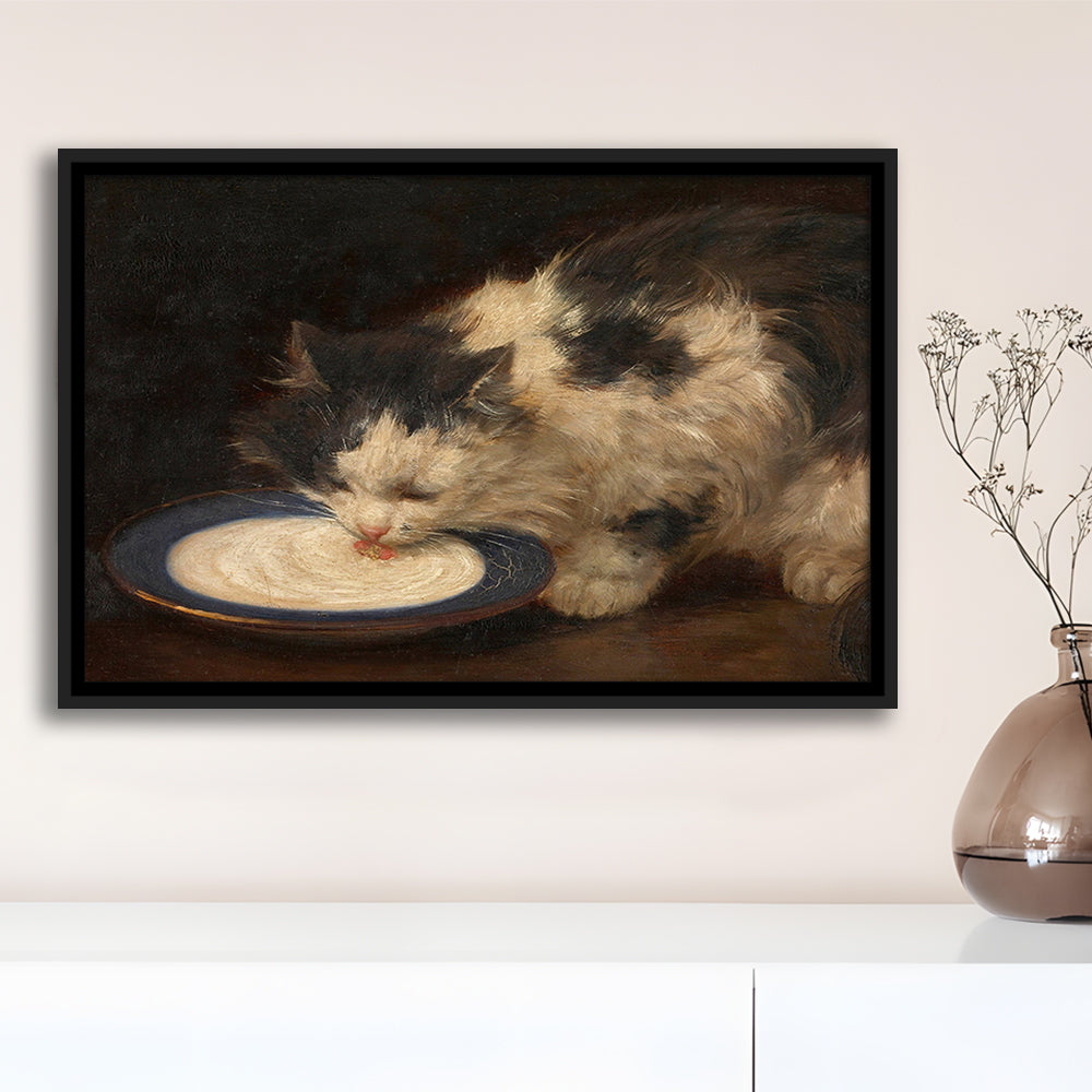 Delicious Milk Vintage Art Print Cute Cat Vintage Painting Antique Art, Framed Canvas Print Wall Art, Floating Frame