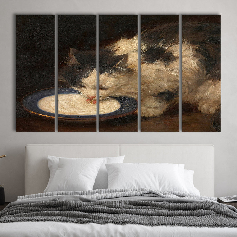 Delicious Milk Vintage Art Print Cute Cat Vintage Painting Antique Art, 5 Panel B Canvas Print Wall Art, Extra Large Canvas