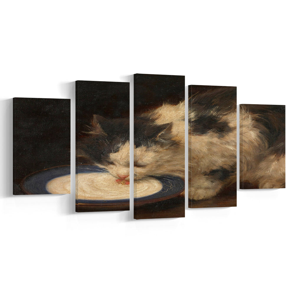 Delicious Milk Vintage Art Print Cute Cat Vintage Painting Antique Art, 5 Panel Mixed Canvas Print Wall Art, Large Canvas