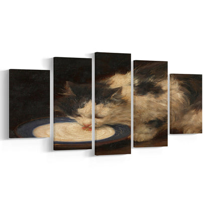 Delicious Milk Vintage Art Print Cute Cat Vintage Painting Antique Art, 5 Panel Mixed Canvas Print Wall Art, Large Canvas