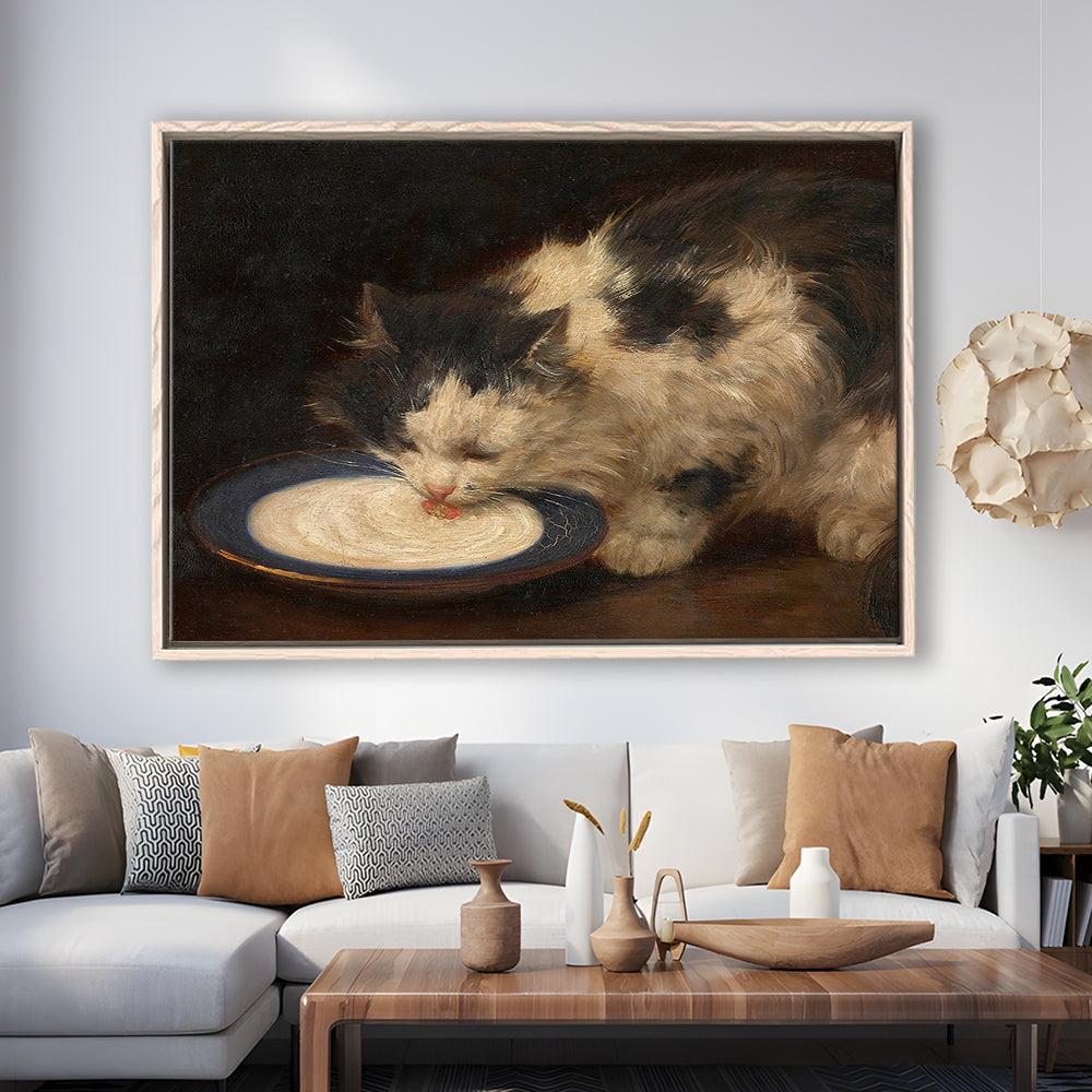 Delicious Milk Vintage Art Print Cute Cat Vintage Painting Antique Art, Framed Canvas Print Wall Art, Floating Frame