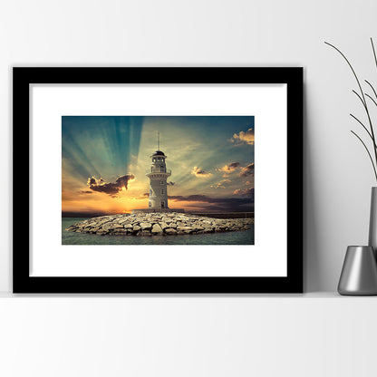 Deluxe Coastal Escape Framed, Serene Lighthouse Wall Art For Those Who Seek Tranquility, Framed Art Print White Border