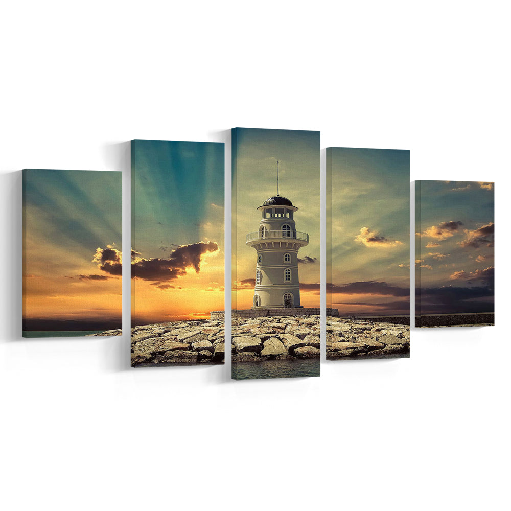 Deluxe Coastal Escape Framed Canvas, Serene Lighthouse for Those Who Seek Tranquility, 5 Piece Large Cavas Print Wall Art