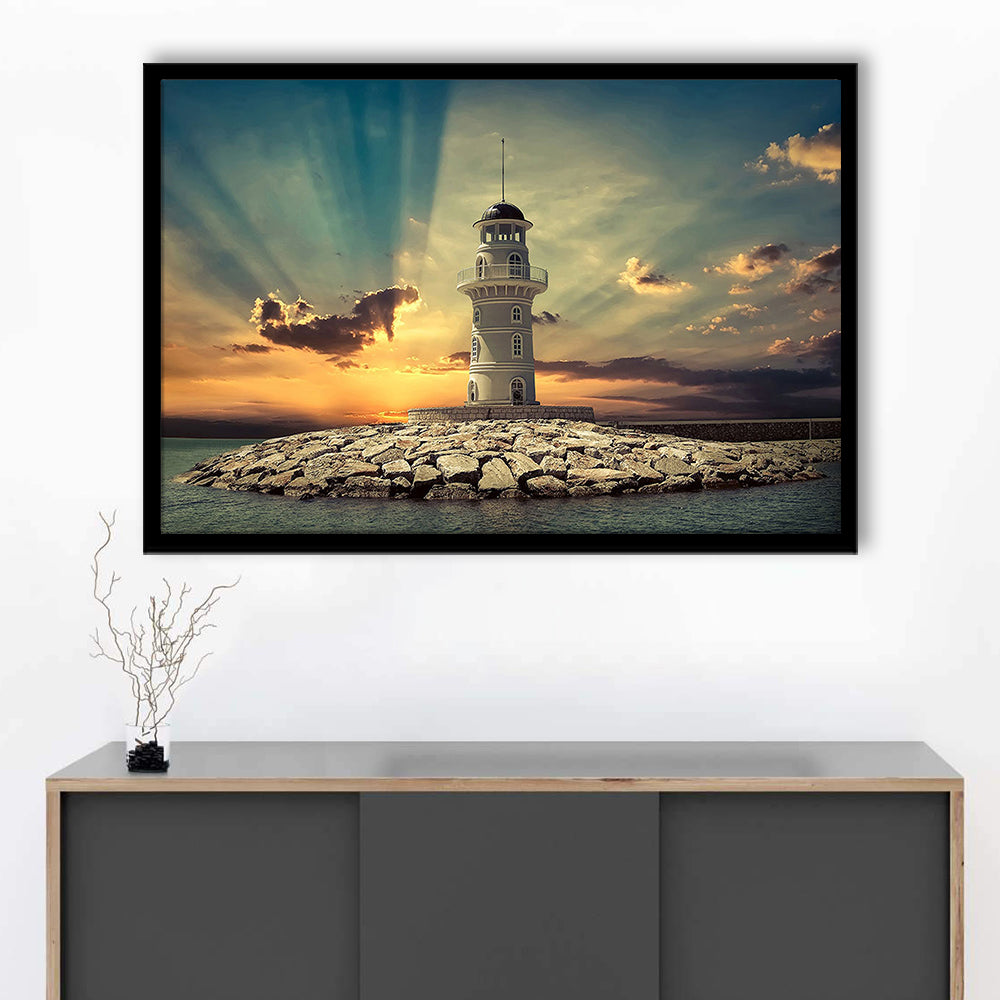 Deluxe Coastal Escape Framed Print, Serene Lighthouse For Those Who Seek Tranquility, Framed Art Print, Picture Framed